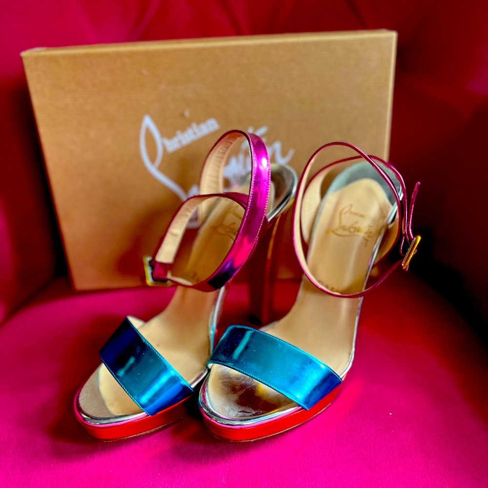 Like new Christian Louboutin strappy metallic platform heels